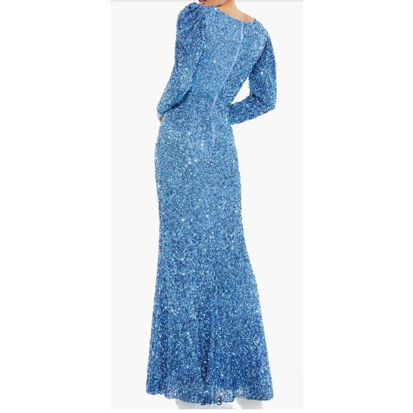 Mac Duggal Puff Shoulder Long Sleeve Sequined Surplice Gown In French Blue Sz 6 - Picture 2 of 11